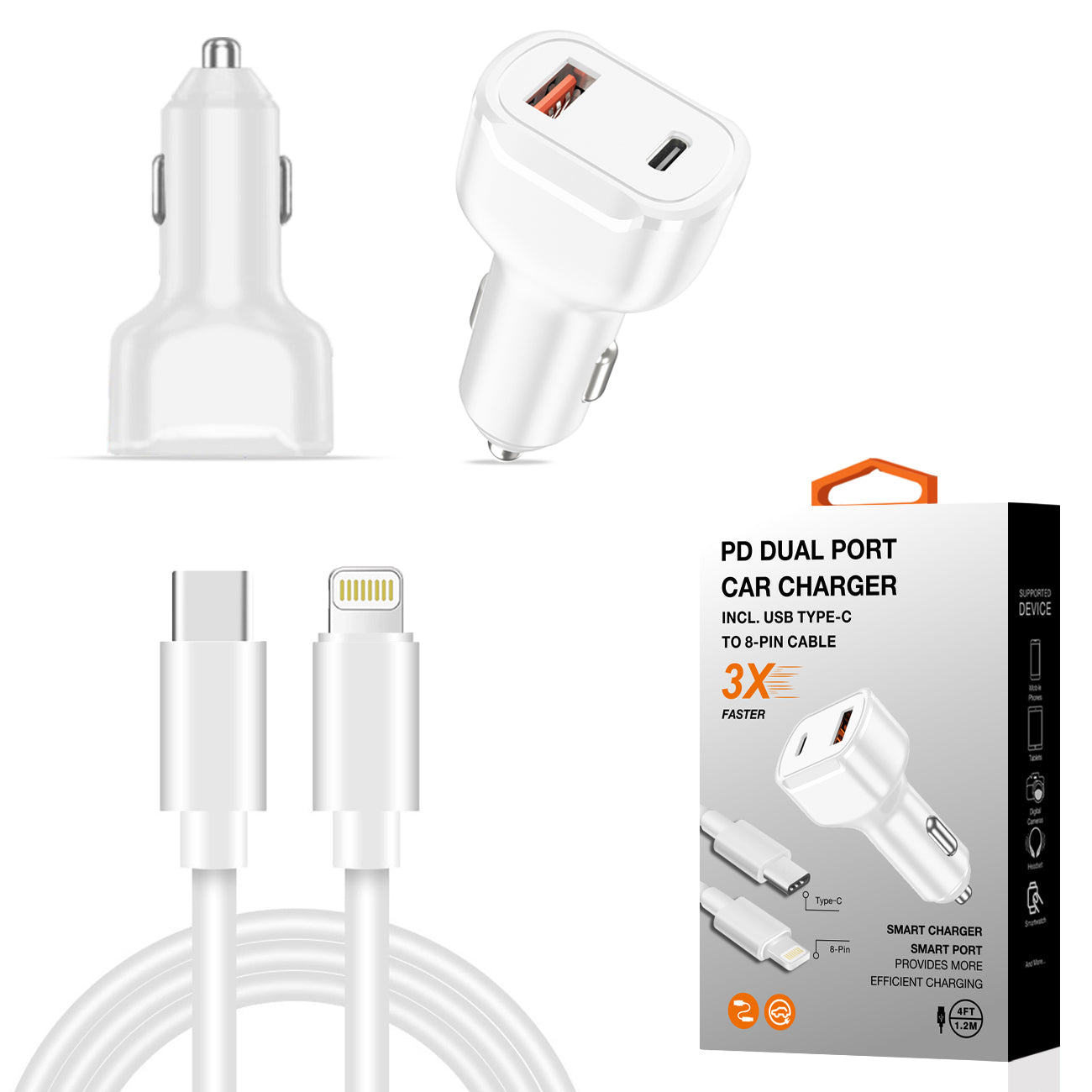 36W PD Dual Ports Travel Car Charger Adapter Fast Charging with USB-C To 8 Pin Cable SKU:CC2IN1-PD8PWH